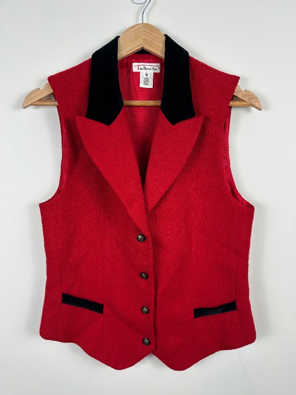 Vintage Talbots Red Wool Vest Size 6 Black Velvet Trim Made in USA Holiday